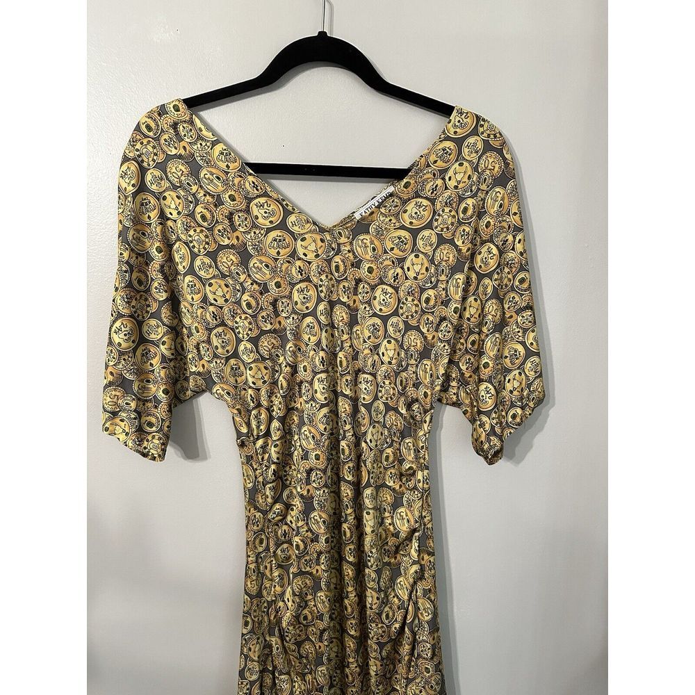 Kathy Kemp Anna Women's Dress Sz2 Brown Coin Design Cinch Waist Flutter Sleeve‎